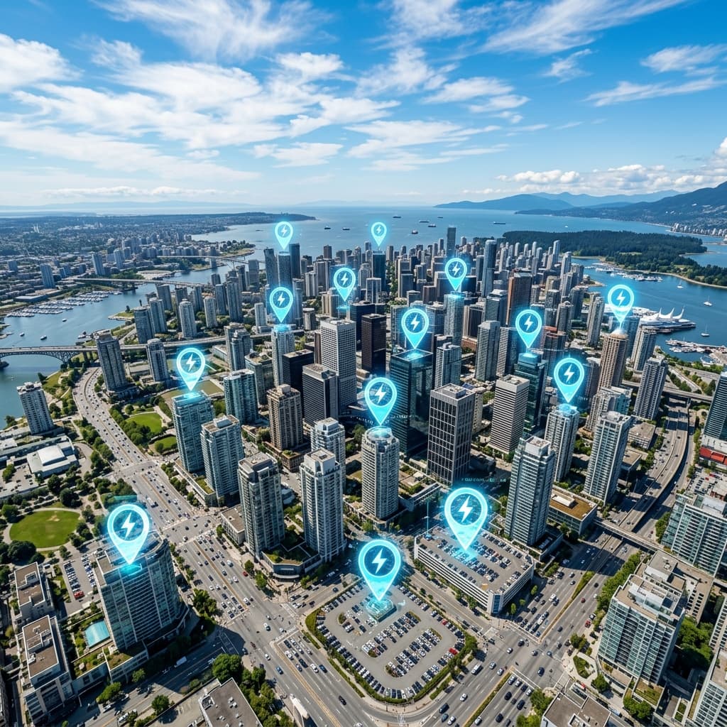 City horizon with electric vehicle charging scene